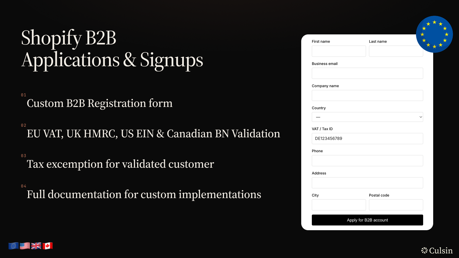 B2B Registration Form app overview showing the storefront registration form with fields for name, email, company, country, VAT/Tax ID, phone, and address
